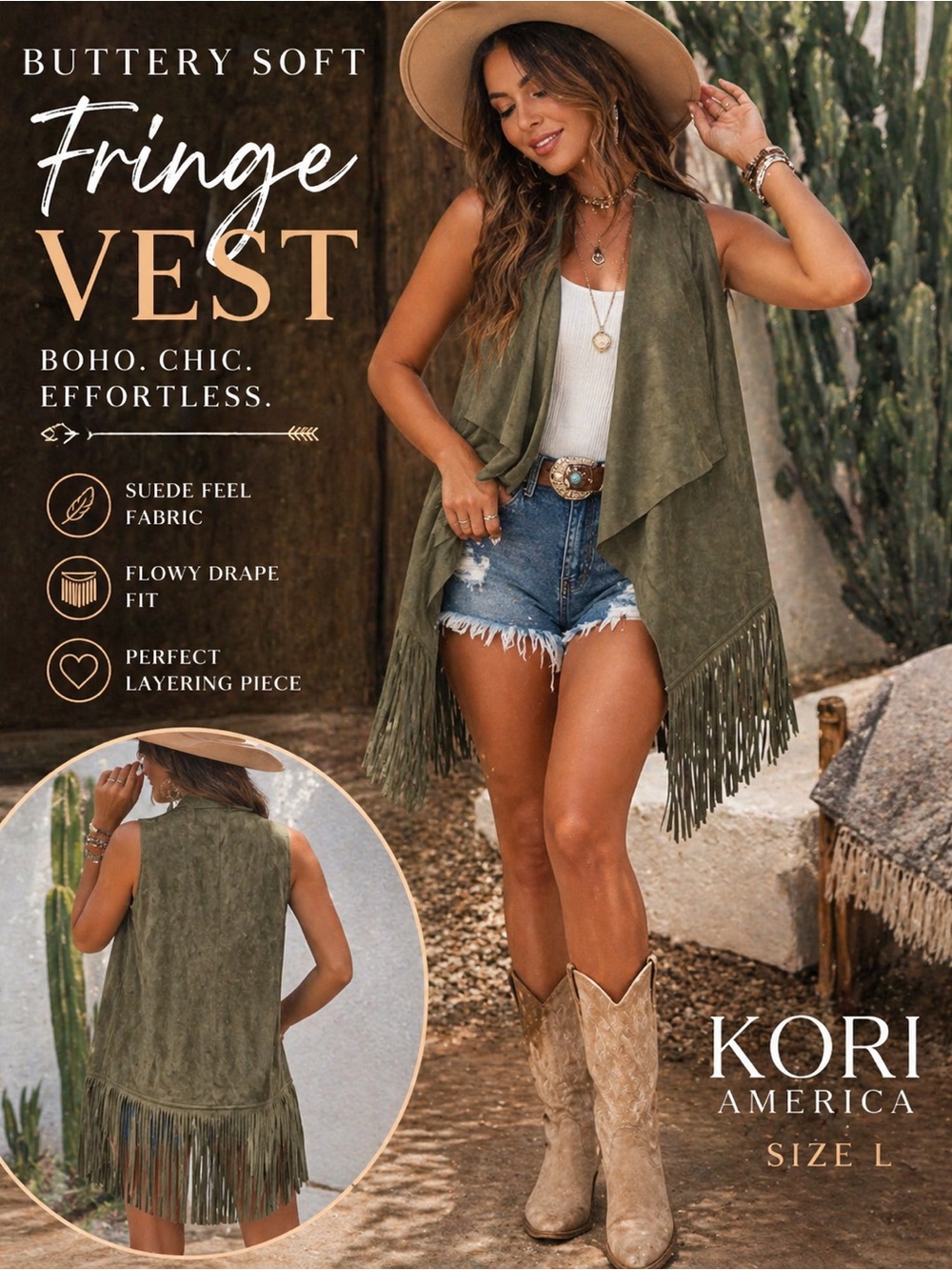 KORI America Fringe Vest Top Boho Suede Feel Drape Front Olive Size L Preloved